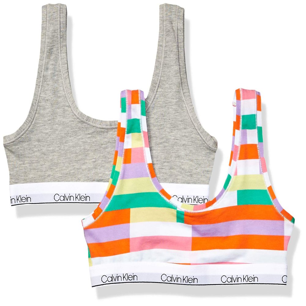 Calvin Klein Kids Girls' Modern Cotton Bralette 2-Pack, Ck Fragment Print White/Heather Grey, X-Large