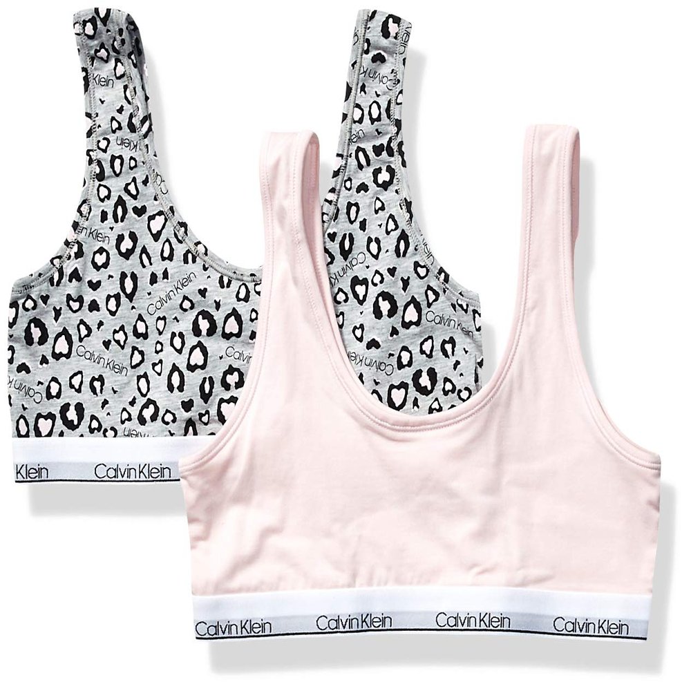 Calvin Klein Kids Girls' Modern Cotton Bralette 2-Pack, Ck Leo Heather/Crystal Pink, Medium