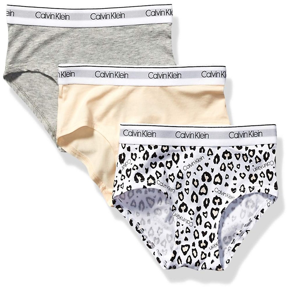 Calvin Klein Kids Girls' Modern Cotton Hipster Underwear 3-Pack, Leo/Nude/Heather Grey, Medium