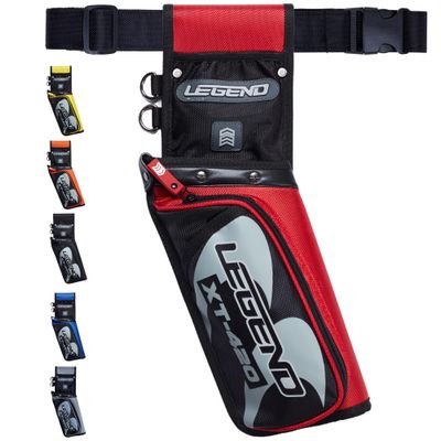 LEGEND XT420 Arrow Quiver - Quiver Arrow Holder, Archery Quiver with 3 Arrow Tube, Durable Nylon Hip Quivers with Multiple Pockets for Archery Accessories, Score Card & Tools - Left Handed, Red