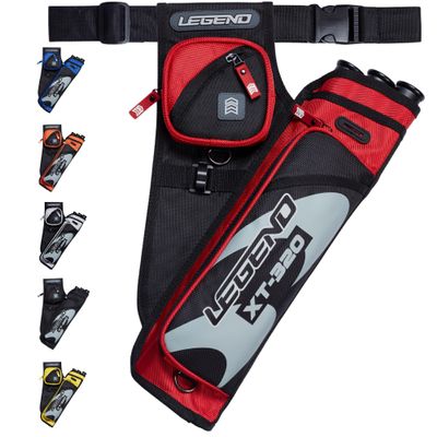 Legend XT320 Archery Quivers - Left Handed Nylon Hip Quivers with 3 Arrow Tube Cases for Target Shooting - Adjustable Waist Belt, T-Slot, Compartments for Accessories, Tools, Release Tab - Red