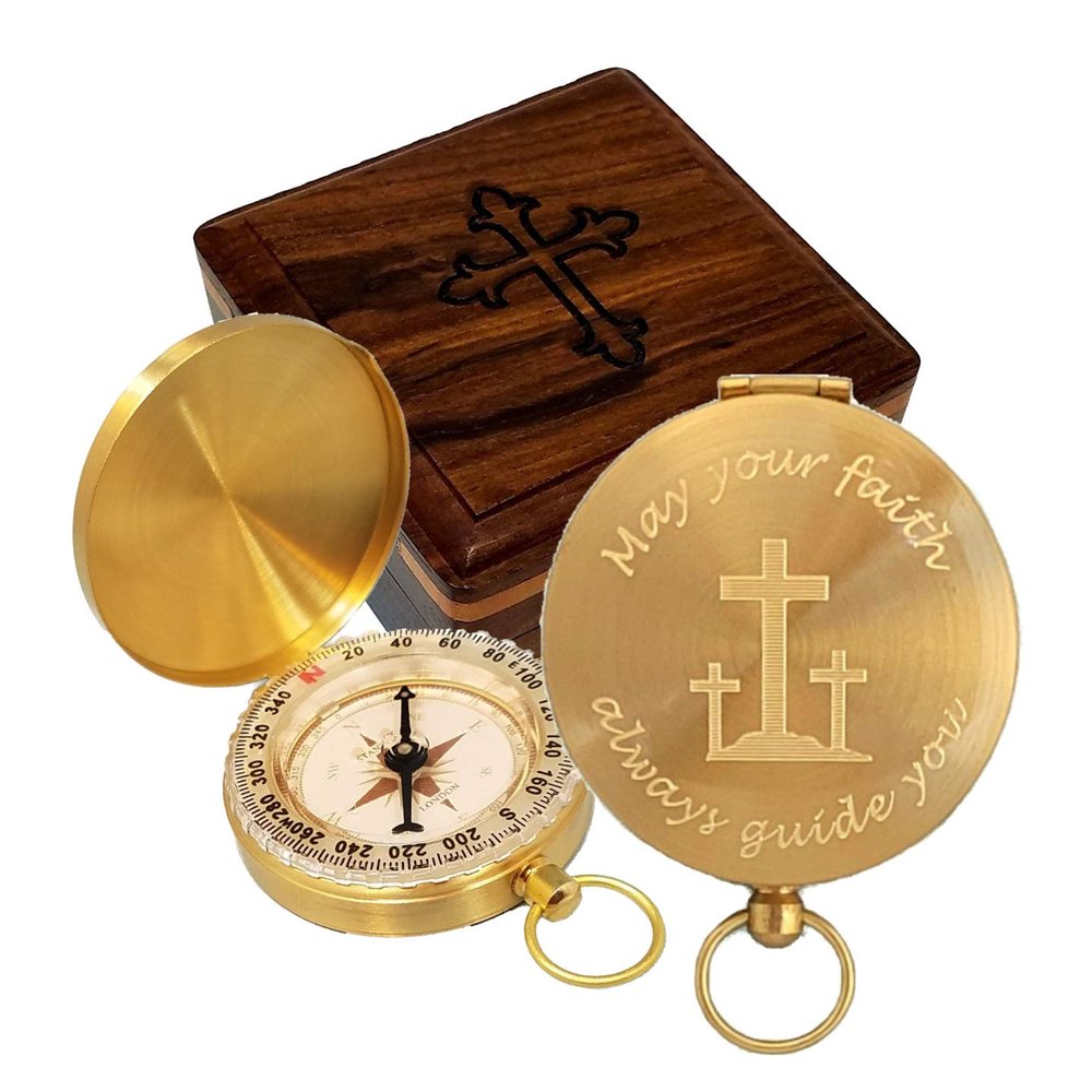 Engraved Brass Compass Personalized Christian Gift for Baptism, Confirmation, Pastor Appreciation Religious Faith Keepsake for Son from Mom and Dad or Grandson from Grandparents (MYF Comp+Box)