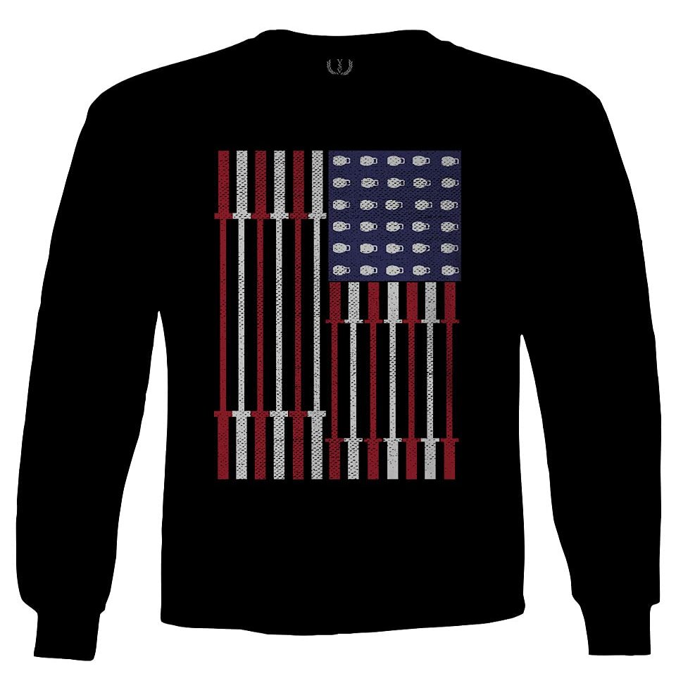 0141. Gym Workout Fitness Bars America Patriotic Flags Training Graphic Men's Long Sleeve t Shirt (Black, X-Large)
