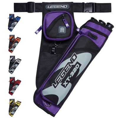 Legend XT320 Archery Quivers - Left Handed Nylon Hip Quivers with 3 Arrow Tube Cases for Target Shooting - Adjustable Waist Belt, T-Slot, Compartments for Accessories, Tools, Release Tab - Purple