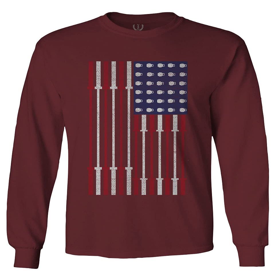 0141. Gym Workout Fitness Bars America Patriotic Flags Training Graphic Men's Long Sleeve t Shirt (Maroon 2X Large)