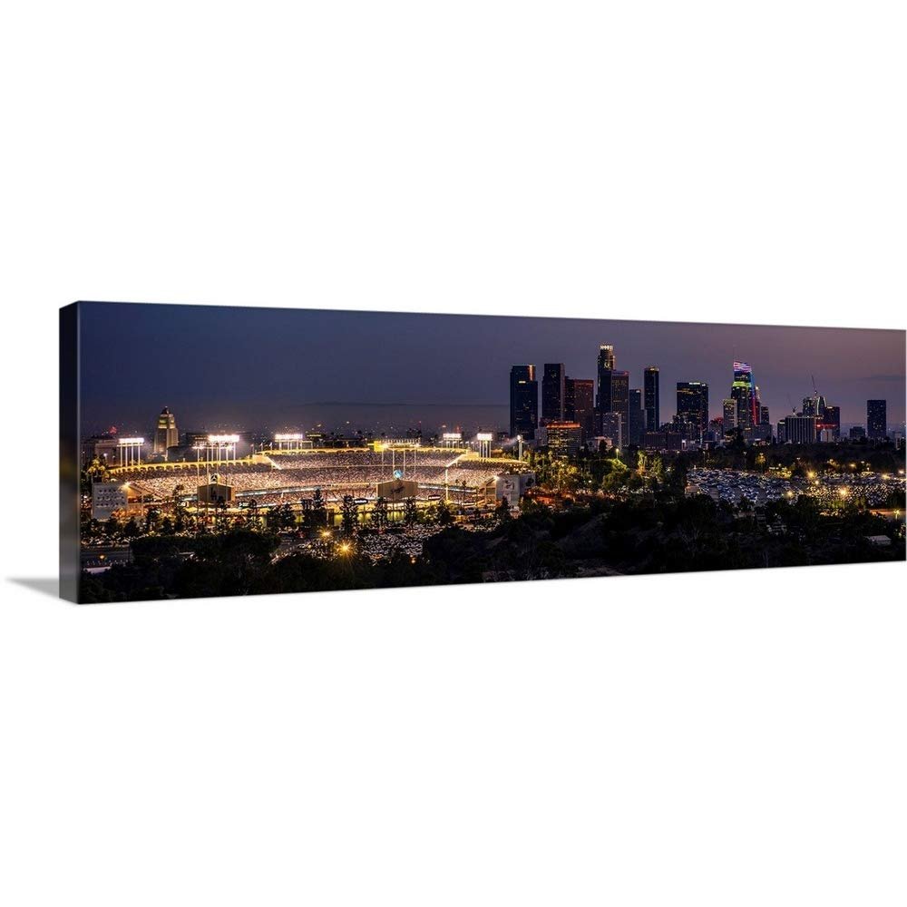 CANVAS ON DEMAND Dodger Stadium and La Skyline Lit Up At Night - Panoramic Canvas Wall Art Print by Circle Capture, Home Decor, Baseball, United States Artwork,36" x12in