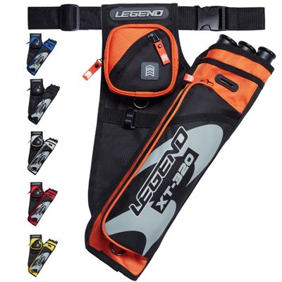 Legend XT320 Archery Quivers - Left Handed Nylon Hip Quivers with 3 Arrow Tube Cases for Target Shooting - Adjustable Waist Belt, T-Slot, Compartments for Accessories, Tools, Release Tab - Orange