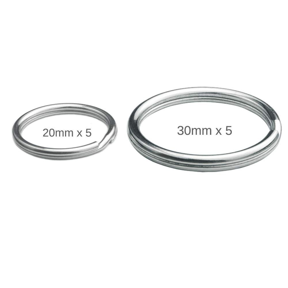 Auspichoice Marine Grade 316 Stainless Steel Key Ring Key Chain Heavy Duty Keychain Split Ring Connector for Scuba Gear BCD Attachment (20mmx5+30mmx5)