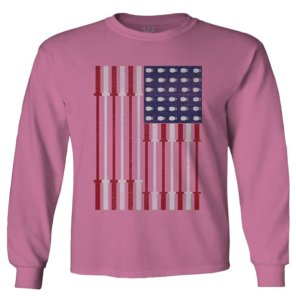 0141. Gym Workout Fitness Bars America Patriotic Flags Training Graphic Men's Long Sleeve t Shirt (Pink Small)