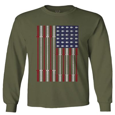 0141. Gym Workout Fitness Bars America Patriotic Flags Training Graphic Men's Long Sleeve t Shirt (Olive, 2X Large)