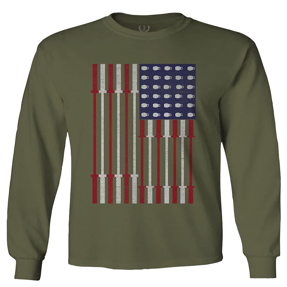 0141. Gym Workout Fitness Bars America Patriotic Flags Training Graphic Men's Long Sleeve t Shirt (Olive, 2X Large)