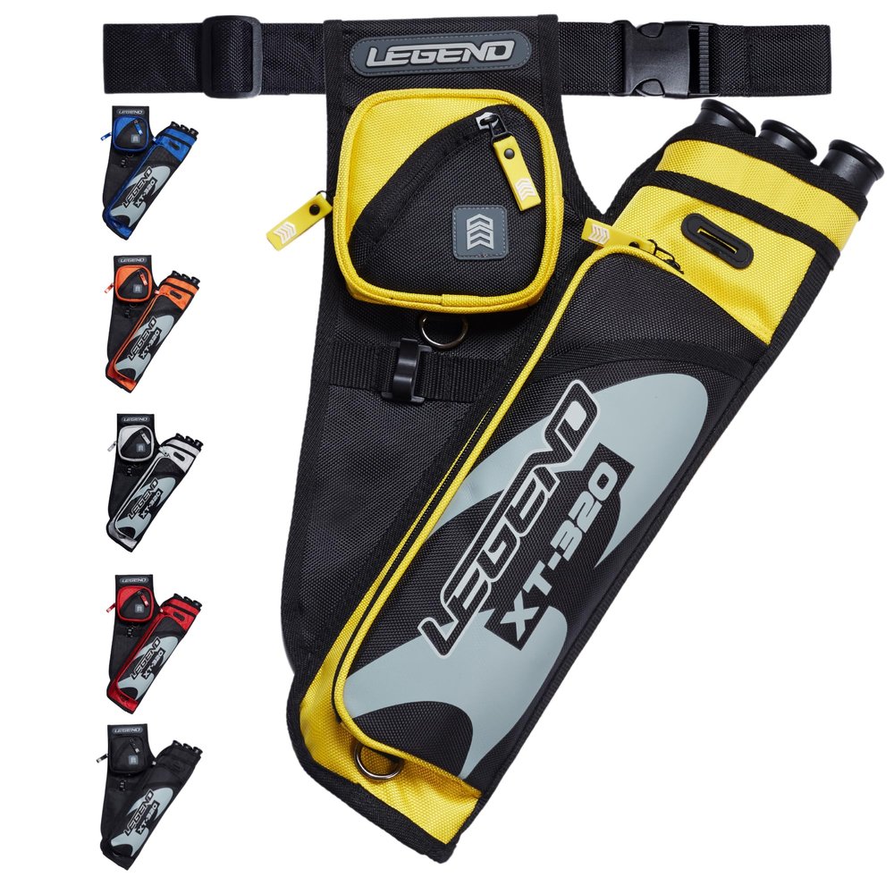Legend XT320 Archery Quivers - Left Handed Nylon Hip Quivers with 3 Arrow Tube Cases for Target Shooting - Adjustable Waist Belt, T-Slot, Compartments for Accessories, Tools, Release Tab - Yellow