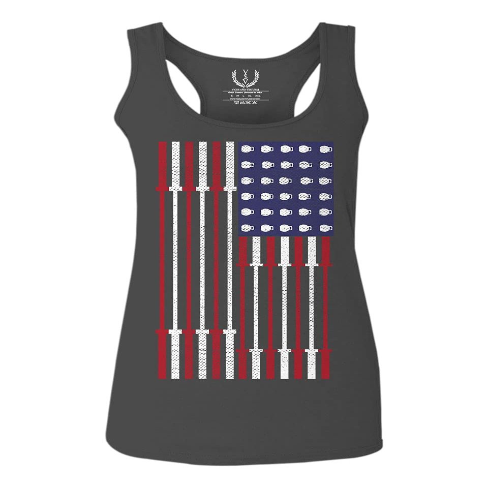 0141. Gym Workout Fitness Bars America Patriotic Flags Training Graphic Women's Tank Top Racerback (Characol Small)