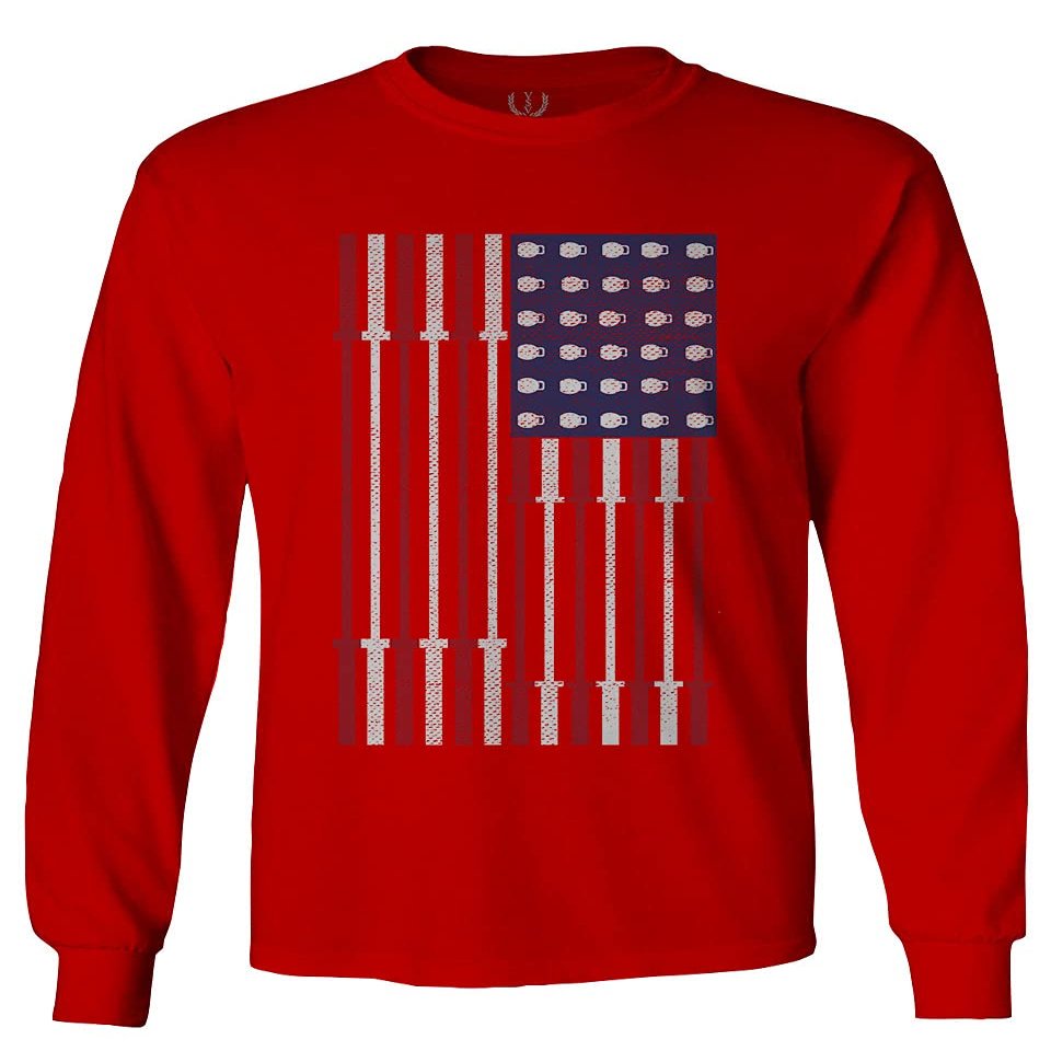 0141. Gym Workout Fitness Bars America Patriotic Flags Training Graphic Men's Long Sleeve t Shirt (Red, Medium)