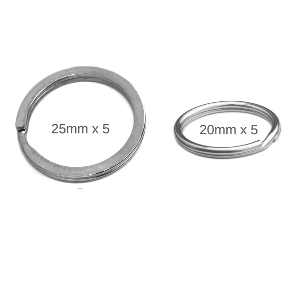 Auspichoice Marine Grade 316 Stainless Steel Key Ring Key Chain Heavy Duty Keychain Split Ring Connector for Scuba Gear BCD Attachment (20mmx5+Flat 25mmx5)