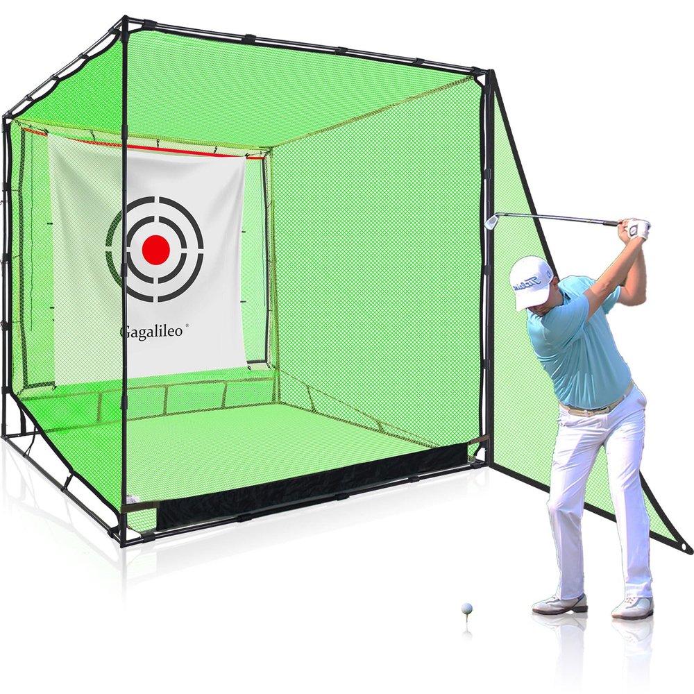 Gagalileo Golf Driving Cage Net: Heavy Duty 1 in Steel Frame - Noise Reduction Target for Backyard Garage Indoor Simulator - 7x7x7 FT High Density Hitting Swing Practice with Bottom