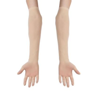 YEAHDOR Women's Ultra-thin Sheer Mesh Golves Transparent Full Finger Opera Evening Party Mittens Elbow Length Nude One Size