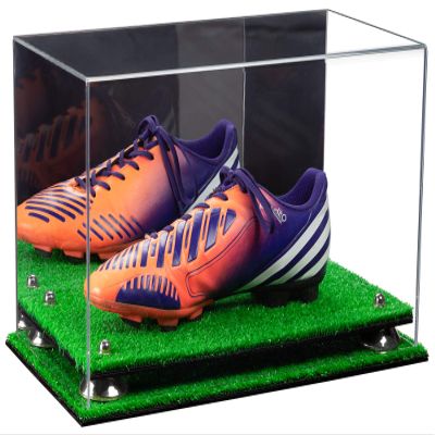 Better Display Cases Acrylic Large Shoe Display Case for Basketball Shoe Soccer Cleat Football Cleat with Mirror, Silver Risers and Turf Base (A013-SR)