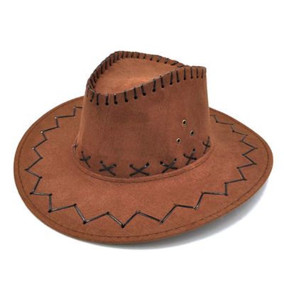 Unisex Children Suede Fabric Western Cowboy Hat Travel Cap Sun Hat With Strap For Boys Girls Brown