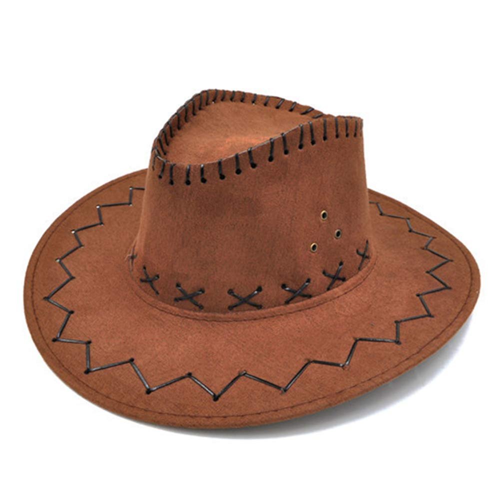 Unisex Children Suede Fabric Western Cowboy Hat Travel Cap Sun Hat With Strap For Boys Girls Brown