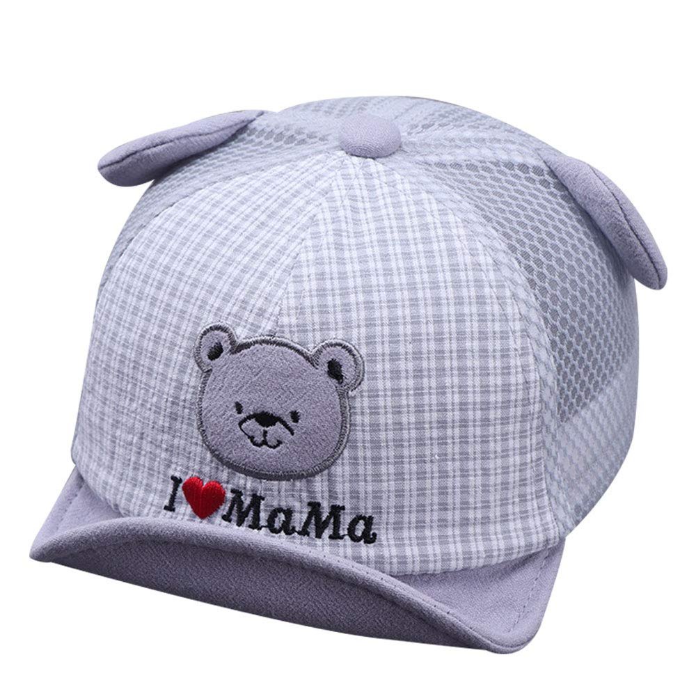 Unisex Children Cotton Mesh Baseball Cap Sun Cap Adjustable Sports Hat Bear Embroidery Dome Cap With Ears For Boys Girls Grey