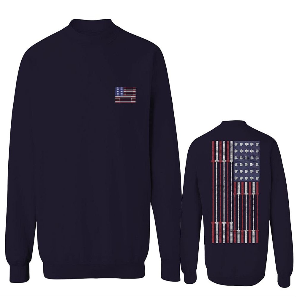 VICES AND VIRTUESS 0140. Fitness Workout US America Patriotic Flags Proud American Gym wear Men's Crewneck Sweatshirt (Navy Large)