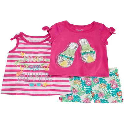 Toddler Girls Pink Ready for Summer Outfit Sandal T-Shirt Floral Shorts & Dress