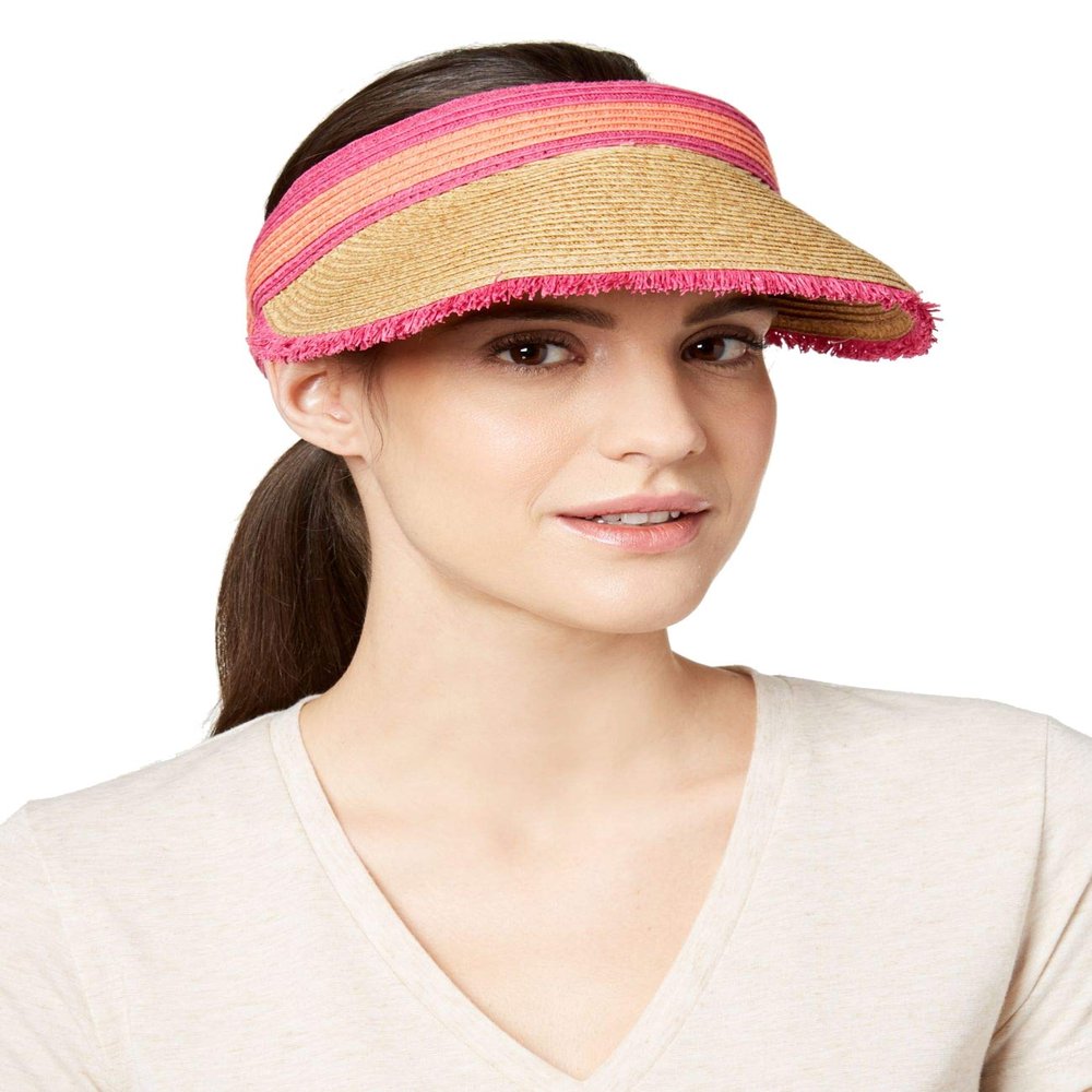 August Hat Co Colorblocked Frayed Straw Sun Visor Natural Pink (OSFA)