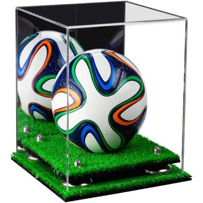 Better Display Cases Acrylic Mini - Miniature (not Full Size) Soccer Ball Display Case with Mirror Case, Silver Risers and Turf Base (B03/A015)