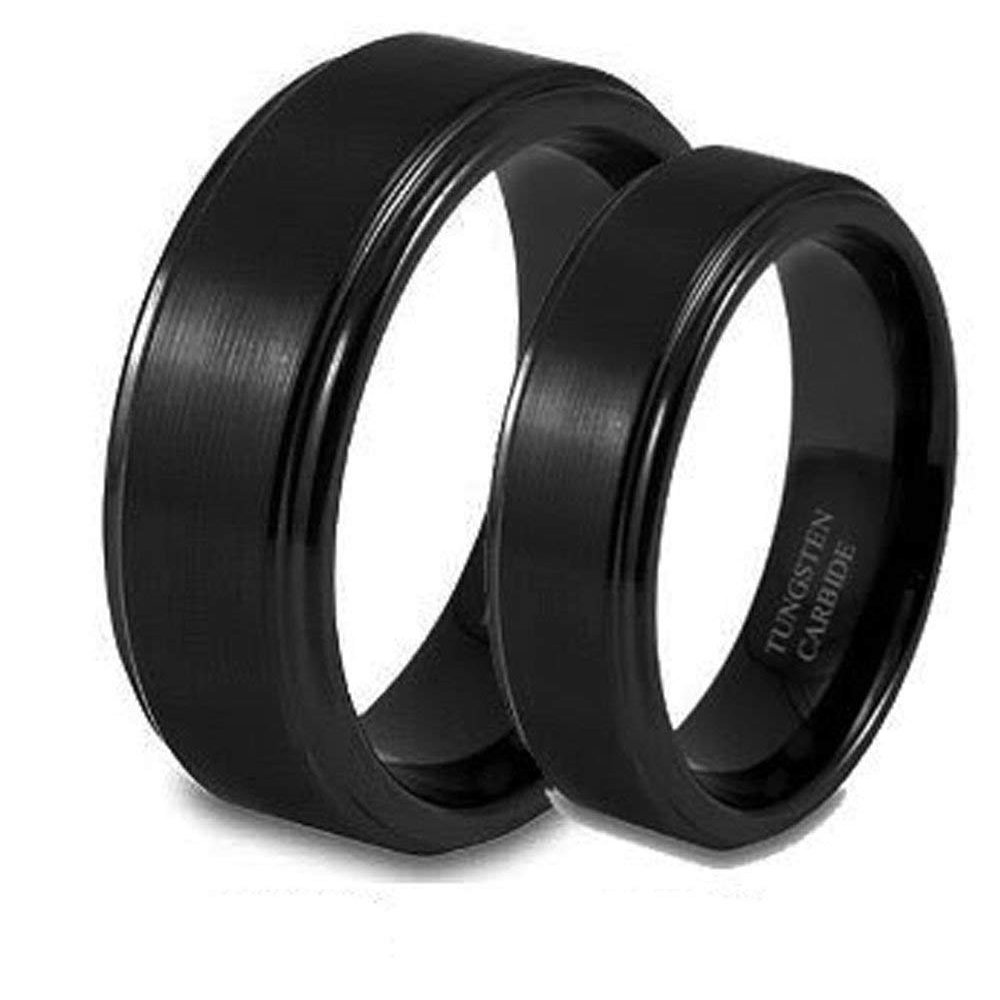 Wedding Rings for Him and Her - 6mm / 8mm Black Brushed Center with Polished Edge Tungsten Carbide - Couple Rings Set - Wedding Bands for Couples - Wedding Band Sets for Couples