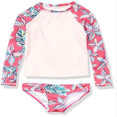 Kanu Surf Girls' Long Sleeve Rashguard UPF 50+ Two Piece Swim Set, Charlotte Pink, 6
