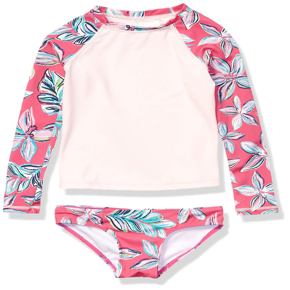 Kanu Surf Girls' Long Sleeve Rashguard UPF 50+ Two Piece Swim Set, Charlotte Pink, 6