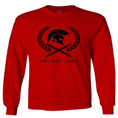 0143. Spartan Molon Labe Military Patriotic Greek Helment Graphic Men's Long Sleeve t Shirt (Red, X-Large)