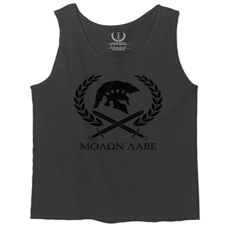 0143. Spartan Molon Labe Military Patriotic Greek Helment Graphic Men's Tank Top (Charcoal, Medium)