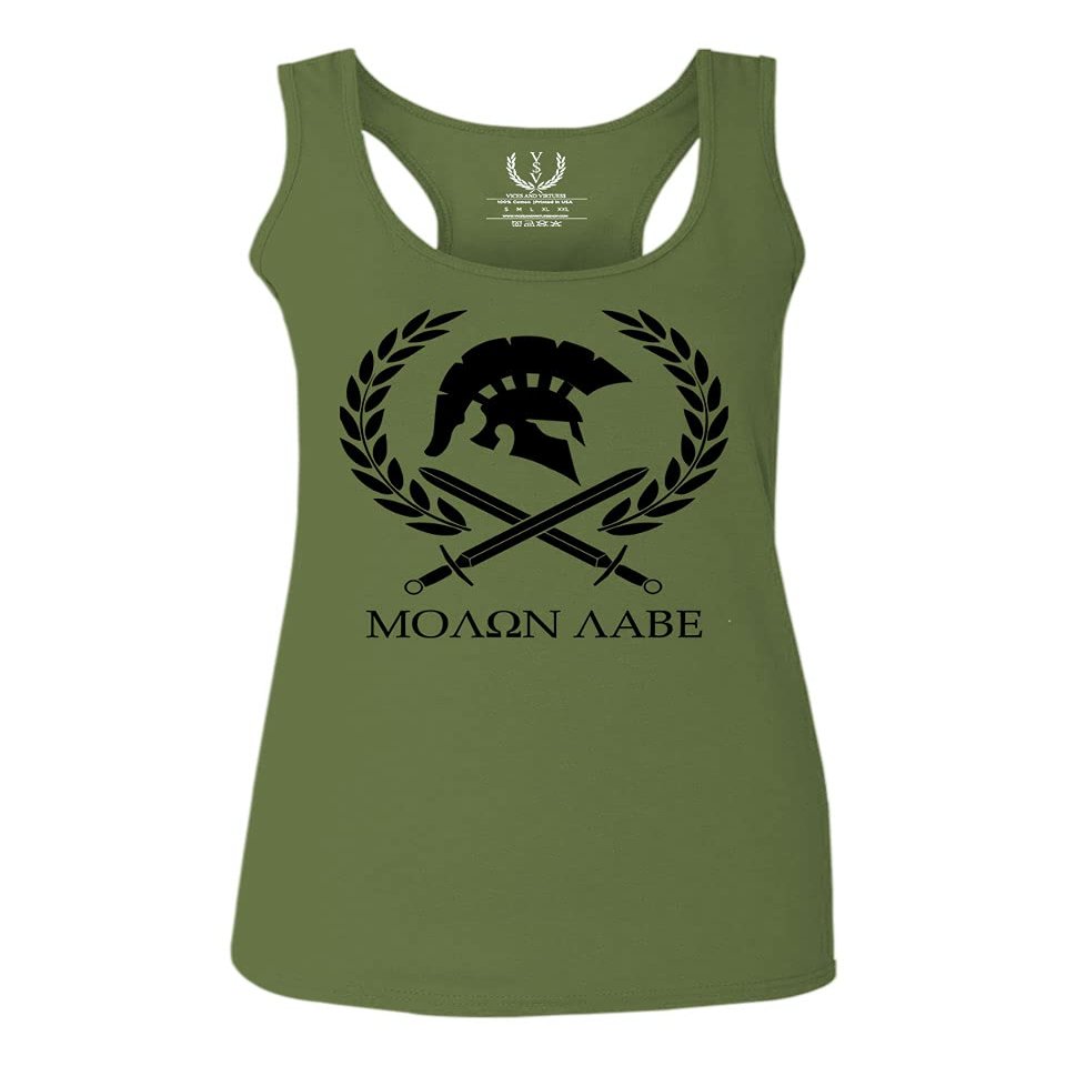0143. Spartan Molon Labe Military Patriotic Greek Helment Graphic Women's Tank Top Racerback (Olive, Large)