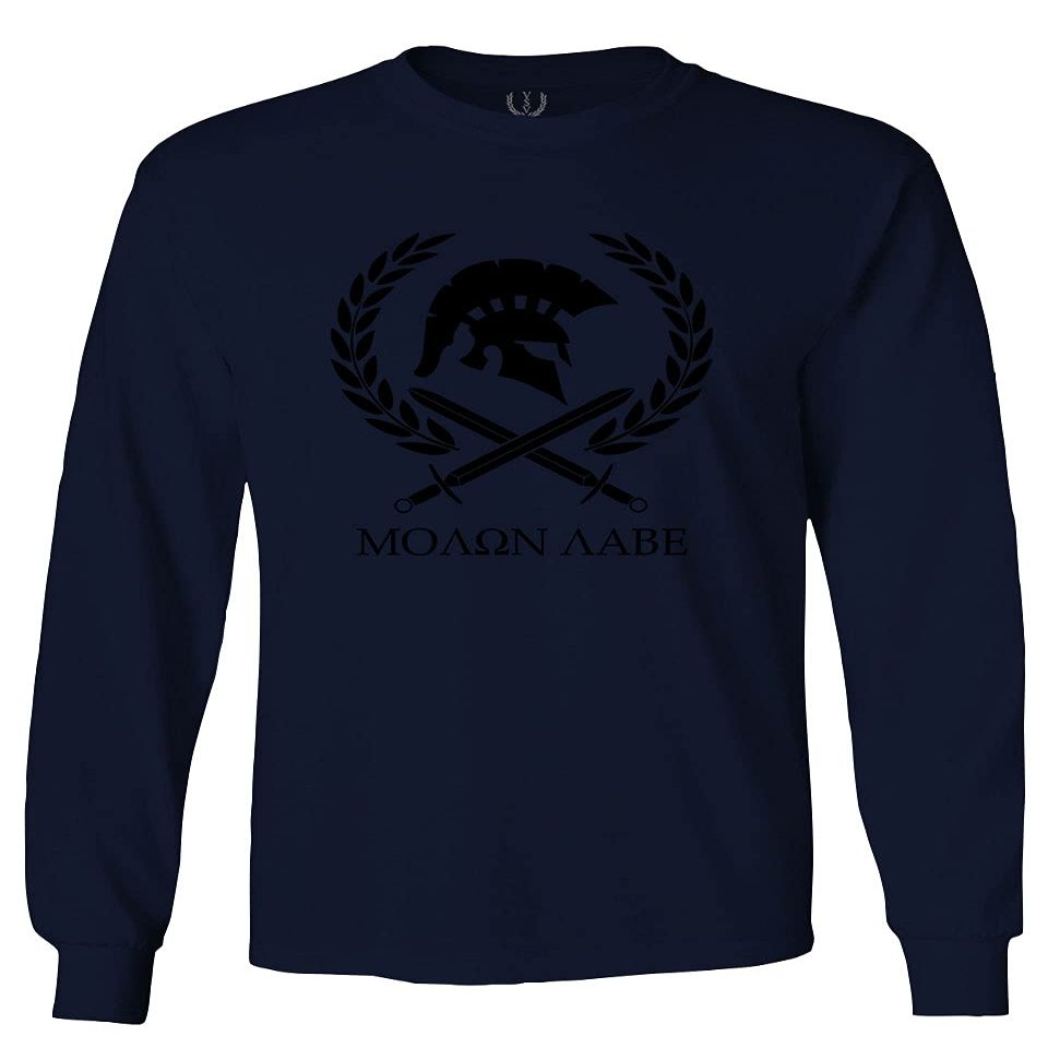 0143. Spartan Molon Labe Military Patriotic Greek Helment Graphic Men's Long Sleeve t Shirt (Navy Blue, X-Large)
