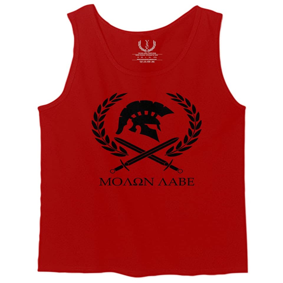 0143. Spartan Molon Labe Military Patriotic Greek Helment Graphic Men's Tank Top (Red, X-Large)