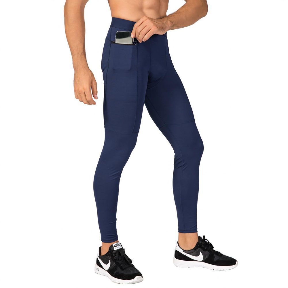 TopTie Men's Compression Pants, Zipper Pocket Sports Leggings, Base Layer Workout Pants-Navy-XL