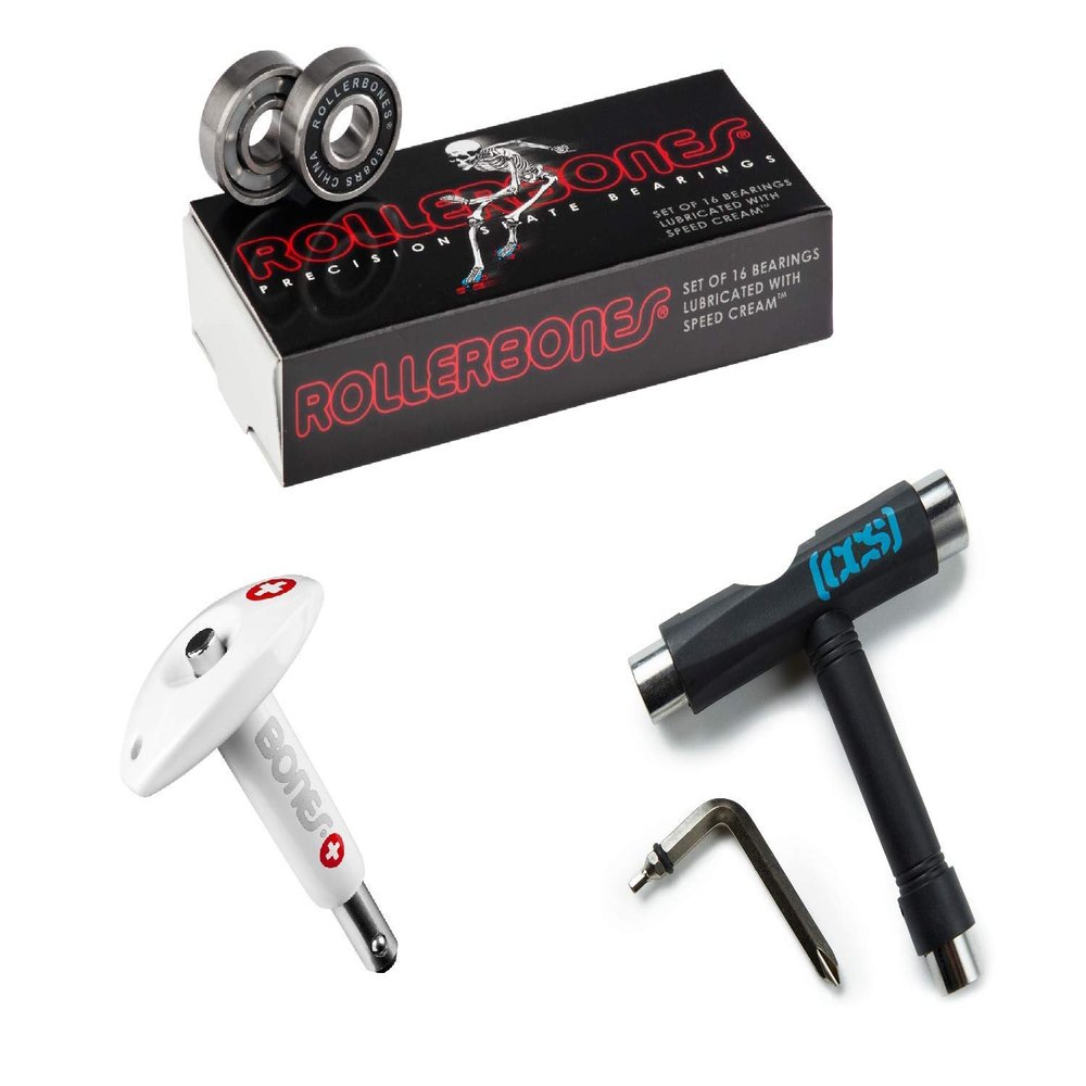 Bones Rollerbones Bearings 16 Pack, Bearing Tool, and a Black CCS Skate Tool