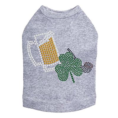 Beer Mug, Clover, & Pipe - Bling Rhinestone St Patrick Day Dog Shirt, S Heather Gray