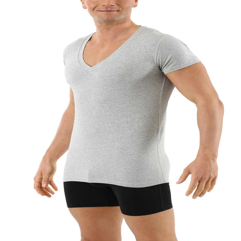 ALBERT KREUZ Men's Organic Stretch Cotton Undershirt Short Sleeves and deep v-Neck Gray (Medium)