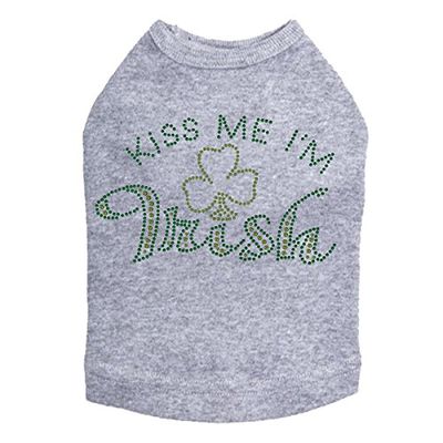 Kiss Me I'm Irish # 1- Bling Rhinestone St Patrick Day Dog Shirt, S Heather Gray