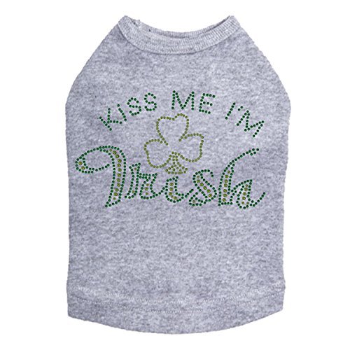 Kiss Me I'm Irish # 1- Bling Rhinestone St Patrick Day Dog Shirt, S Heather Gray