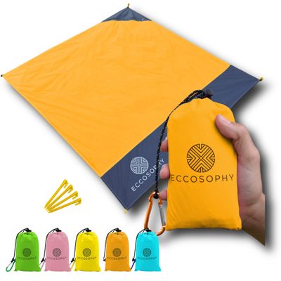 ECCOSOPHY Sand Proof Beach Blanket - Waterproof Picnic Blanket 60x55 Outdoor Compact Pocket Blanket Lightweight Ground Cover for Hiking Camping Festivals Sports Travel with Bag & Stakes (Orange)