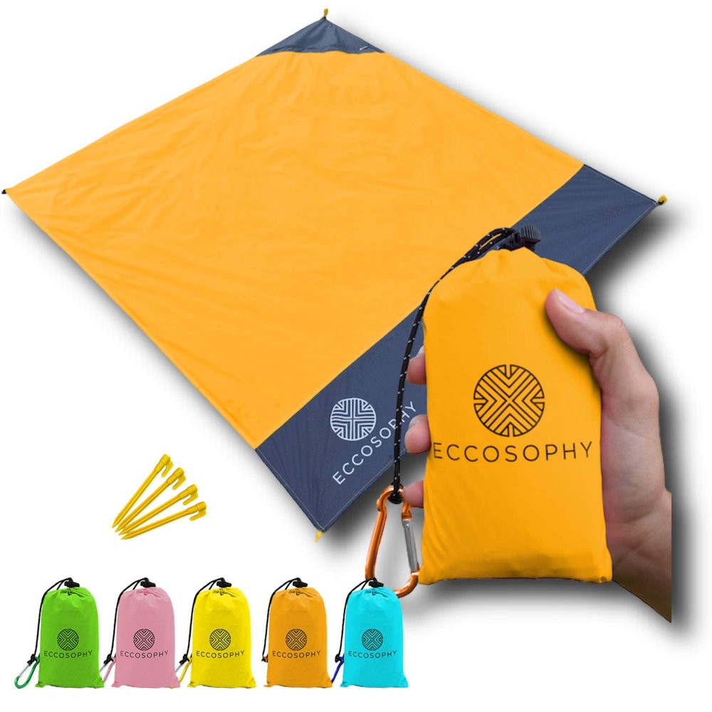 ECCOSOPHY Sand Proof Beach Blanket - Waterproof Picnic Blanket 60x55 Outdoor Compact Pocket Blanket Lightweight Ground Cover for Hiking Camping Festivals Sports Travel with Bag & Stakes (Orange)