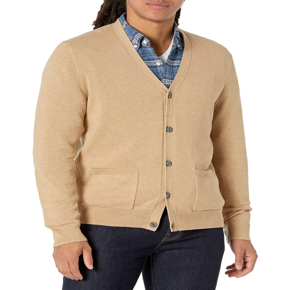 Amazon Essentials Men's Cotton Cardigan Sweater, Camel Heather, Small