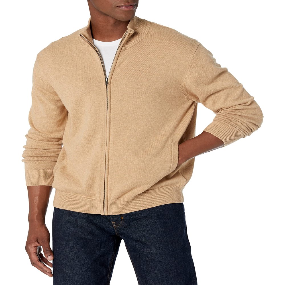 Amazon Essentials Men's Full-Zip Cotton Sweater, Camel Heather, Small