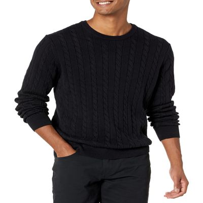 Amazon Essentials Men's Crewneck Cable Cotton Pullover Sweater, Black, Medium