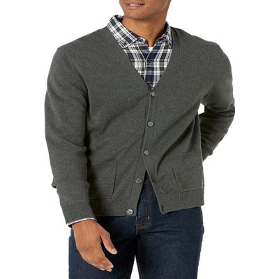 Amazon Essentials Men's V-Neck Cotton Cardigan Sweater, Charcoal Heather, X-Large