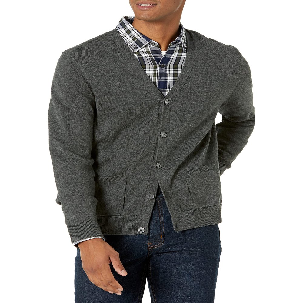 Amazon Essentials Men's V-Neck Cotton Cardigan Sweater, Charcoal Heather, X-Large
